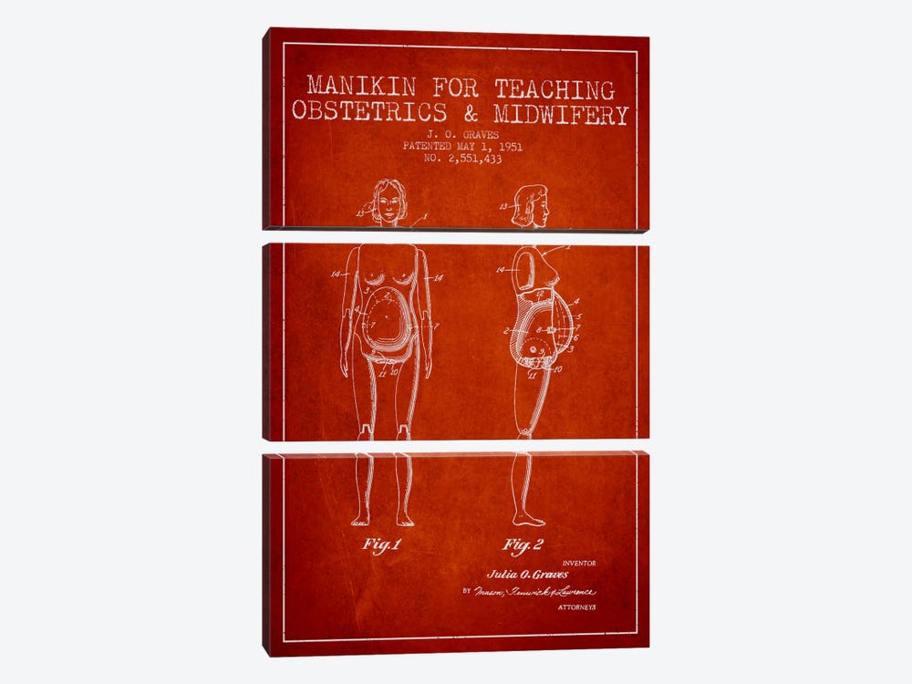 Midwife 1 Red Patent Blueprint by Aged Pixel 3-piece Canvas Art Print