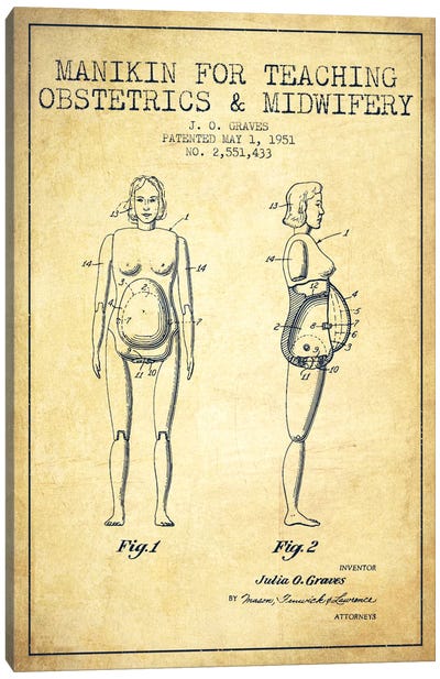 Midwife 1 Vintage Patent Blueprint Canvas Art Print - Aged Pixel: Medical & Dental