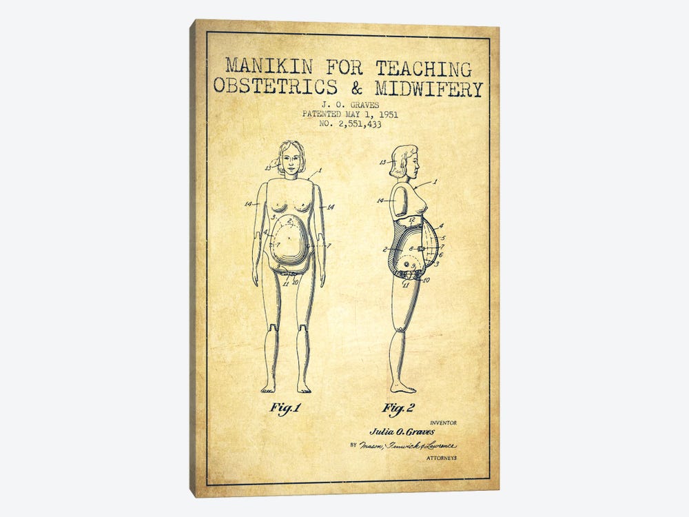 Midwife 1 Vintage Patent Blueprint 1-piece Canvas Art