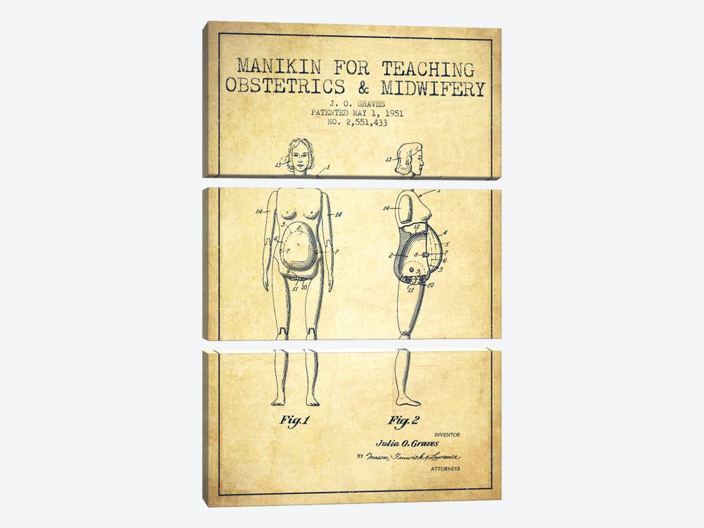 Midwife 1 Vintage Patent Blueprint by Aged Pixel 3-piece Canvas Wall Art
