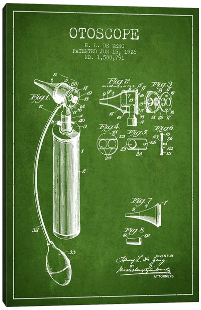 Otoscope Green Patent Blueprint Canvas Art Print - Aged Pixel: Medical & Dental