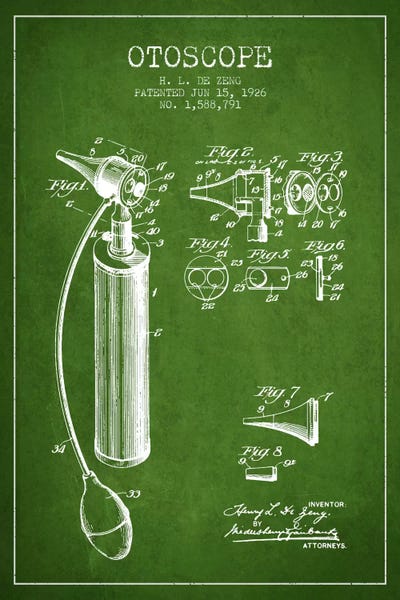 Medical & Dental Blueprints: Otoscope Green Patent Blueprint by Aged Pixel
