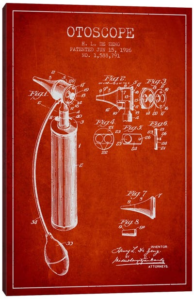 Otoscope Red Patent Blueprint Canvas Art Print - Aged Pixel: Medical & Dental