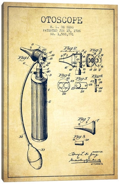 Otoscope Vintage Patent Blueprint Canvas Art Print - Aged Pixel: Medical & Dental