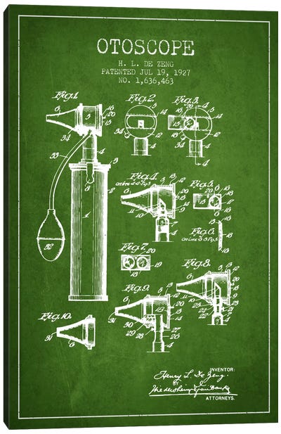 Otoscope 2 Green Patent Blueprint Canvas Art Print - Aged Pixel: Medical & Dental