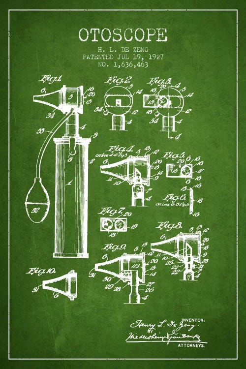 Otoscope 2 Green Patent Blueprint by Aged Pixel wall art