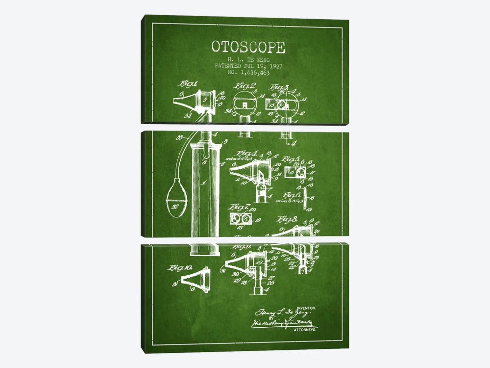 Otoscope 2 Green Patent Blueprint by Aged Pixel 3-piece Canvas Wall Art