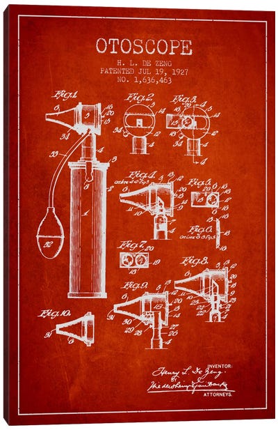 Otoscope 2 Red Patent Blueprint Canvas Art Print - Aged Pixel: Medical & Dental