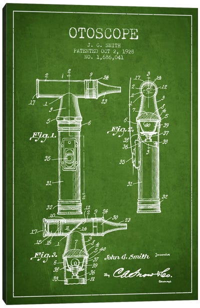 Otoscope 3 Green Patent Blueprint Canvas Art Print - Medical & Dental Blueprints