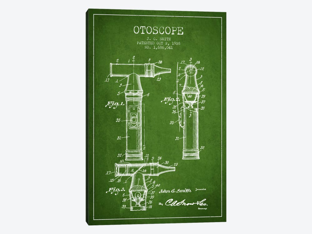 Otoscope 3 Green Patent Blueprint by Aged Pixel 1-piece Canvas Art Print