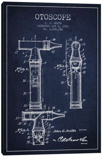 Otoscope 3 Navy Blue Patent Blueprint Canvas Art Print - Aged Pixel