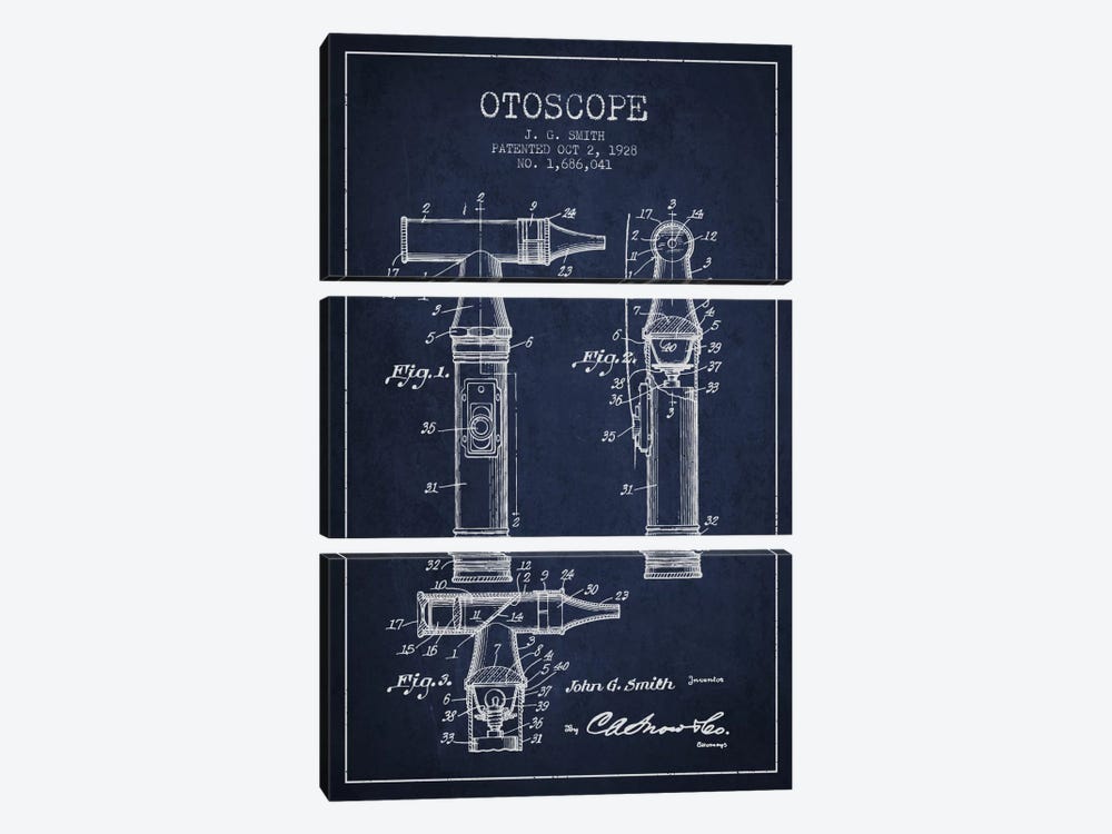 Otoscope 3 Navy Blue Patent Blueprint by Aged Pixel 3-piece Canvas Wall Art