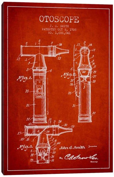 Otoscope 3 Red Patent Blueprint Canvas Art Print - Medical & Dental Blueprints