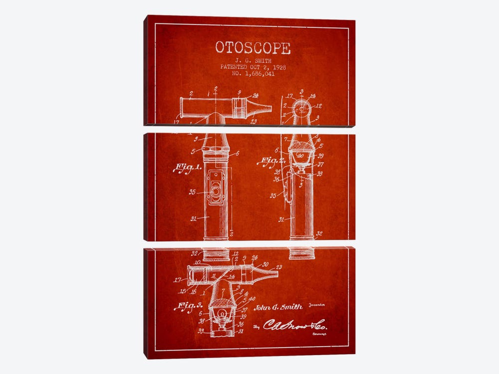 Otoscope 3 Red Patent Blueprint by Aged Pixel 3-piece Canvas Art Print
