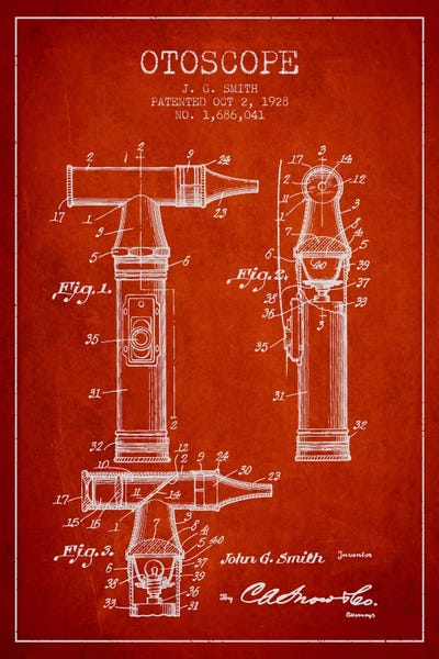 Medical & Dental Blueprints: Otoscope 3 Red Patent Blueprint by Aged Pixel