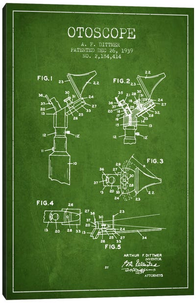 Otoscope 4 Green Patent Blueprint Canvas Art Print - Medical & Dental Blueprints