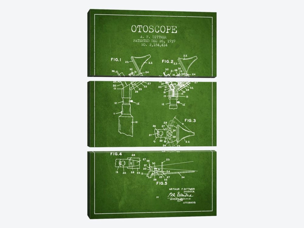 Otoscope 4 Green Patent Blueprint by Aged Pixel 3-piece Canvas Art Print