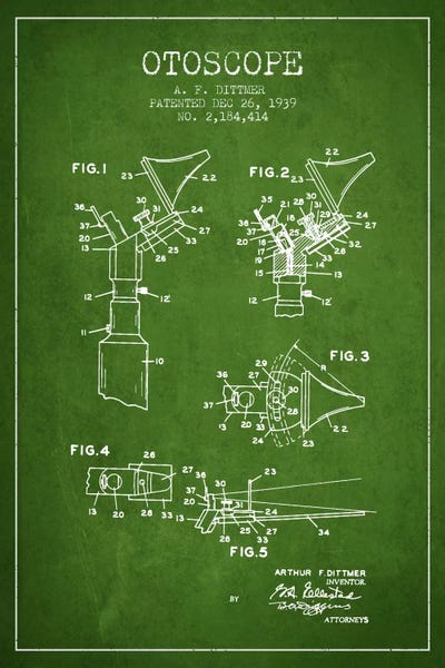Medical & Dental Blueprints: Otoscope 4 Green Patent Blueprint by Aged Pixel