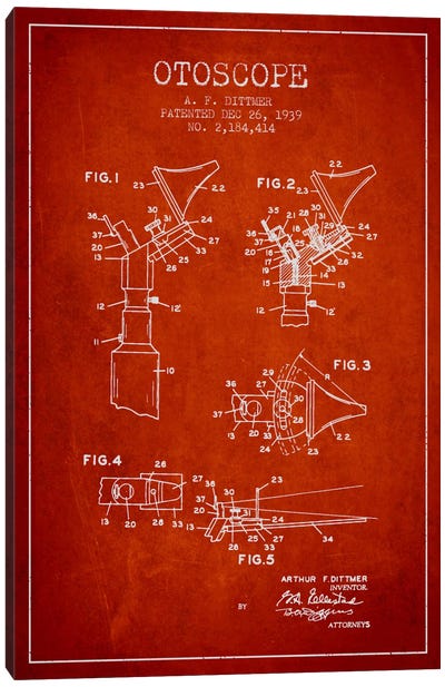Otoscope 4 Red Patent Blueprint Canvas Art Print - Medical & Dental Blueprints