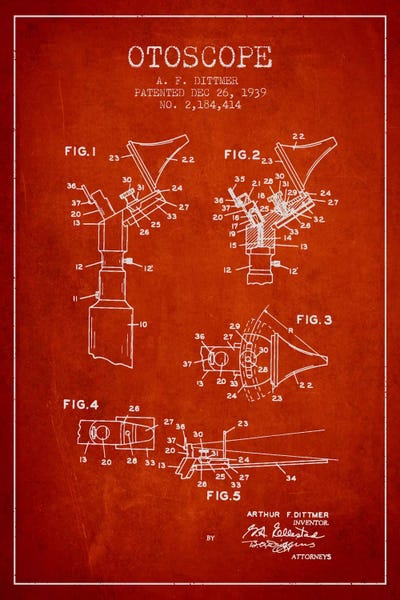 Medical & Dental Blueprints: Otoscope 4 Red Patent Blueprint by Aged Pixel