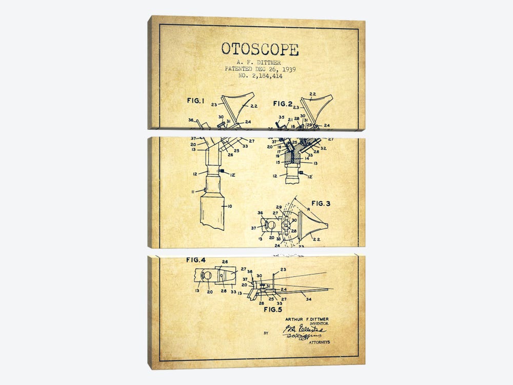 Otoscope 4 Vintage Patent Blueprint by Aged Pixel 3-piece Canvas Artwork