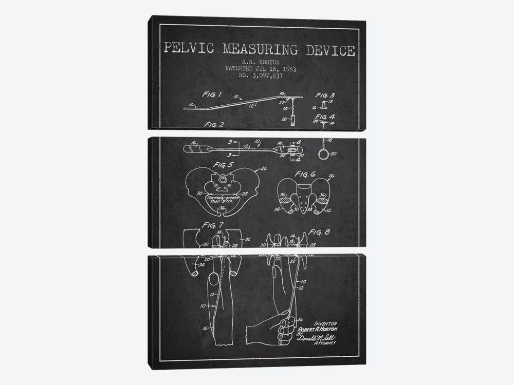 Pelvic Measuring Charcoal Patent Blueprint by Aged Pixel 3-piece Canvas Art Print