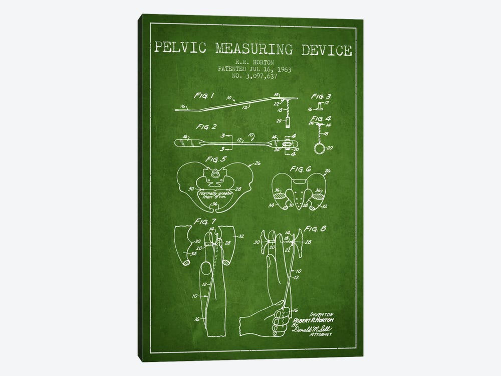 Pelvic Measuring Green Patent Blueprint by Aged Pixel 1-piece Canvas Art