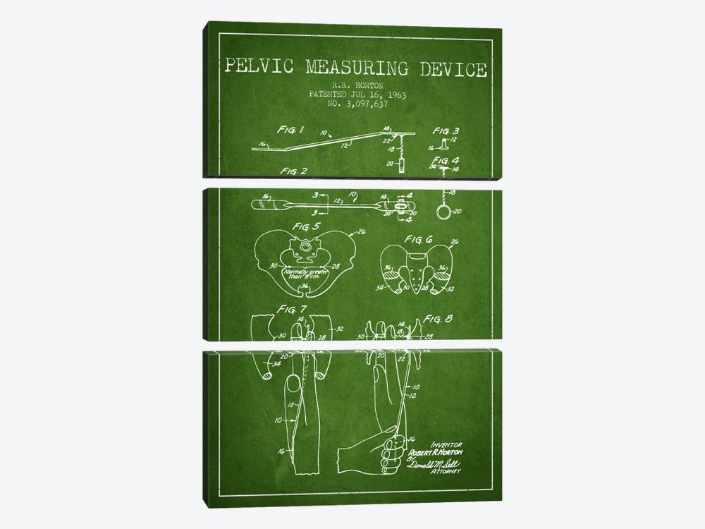 Pelvic Measuring Green Patent Blueprint by Aged Pixel 3-piece Canvas Art
