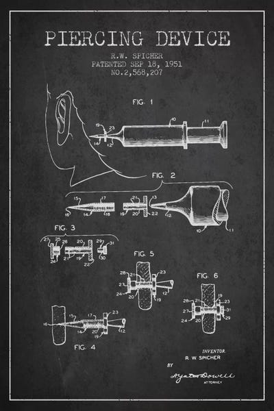 Medical & Dental Blueprints: Piercing Device Charcoal Patent Blueprint by Aged Pixel