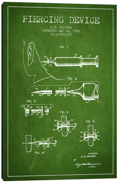 Piercing Device Green Patent Blueprint Canvas Art Print - Aged Pixel: Medical & Dental