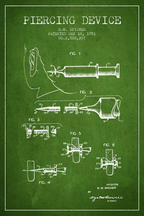 Piercing Device Green Patent Blueprint by Aged Pixel wall art