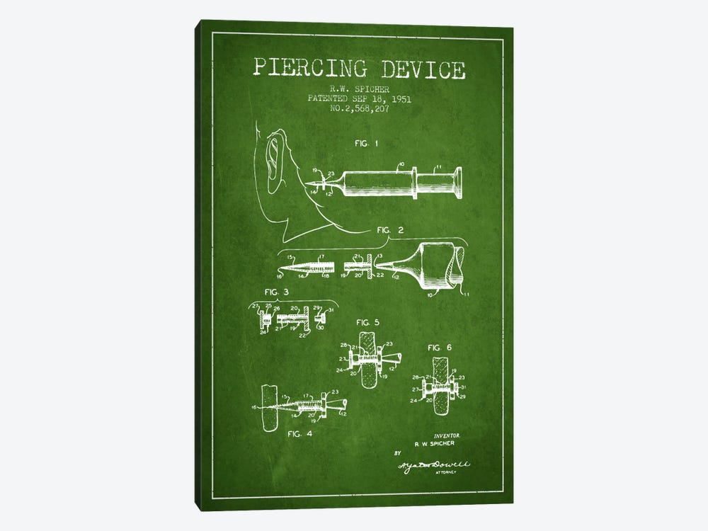 Piercing Device Green Patent Blueprint by Aged Pixel 1-piece Canvas Art