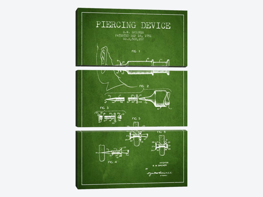 Piercing Device Green Patent Blueprint by Aged Pixel 3-piece Canvas Artwork