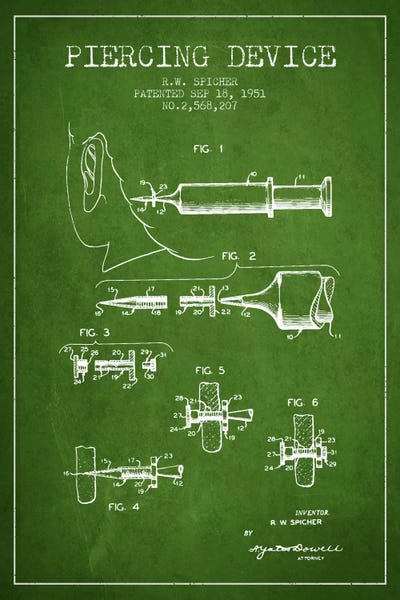 Beauty & Personal Care Blueprints: Piercing Device Green Patent Blueprint by Aged Pixel