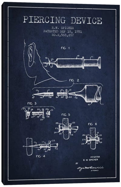 Piercing Device Navy Blue Patent Blueprint Canvas Art Print - Medical & Dental Blueprints