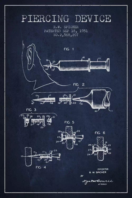Piercing Device Navy Blue Patent Blueprint by Aged Pixel wall art