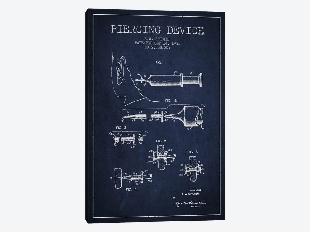 Piercing Device Navy Blue Patent Blueprint by Aged Pixel 1-piece Canvas Print