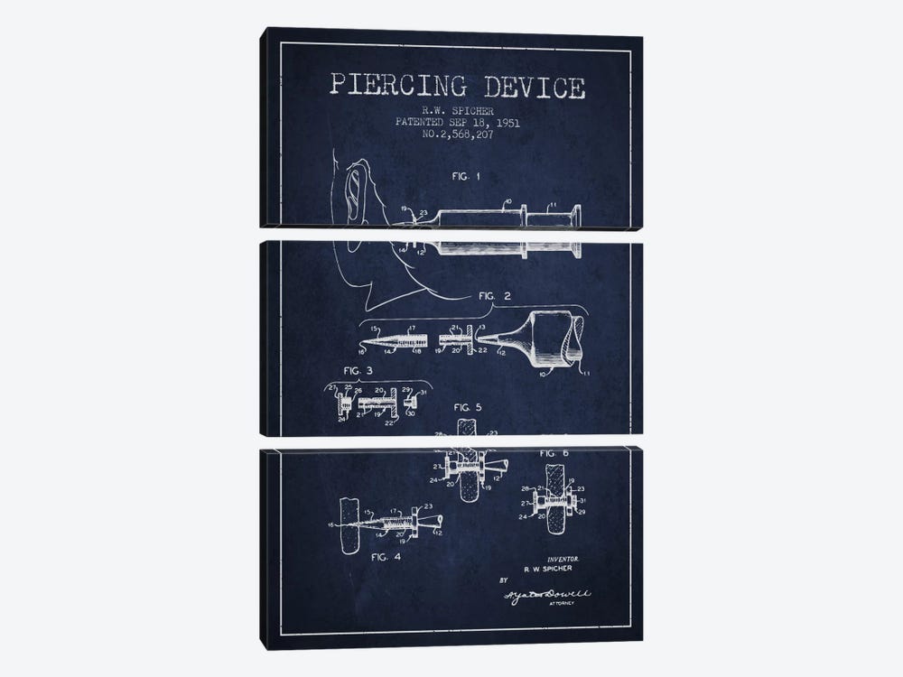 Piercing Device Navy Blue Patent Blueprint by Aged Pixel 3-piece Art Print
