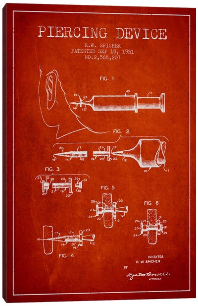Piercing Device Red Patent Blueprint Canvas Art Print - Aged Pixel: Medical & Dental