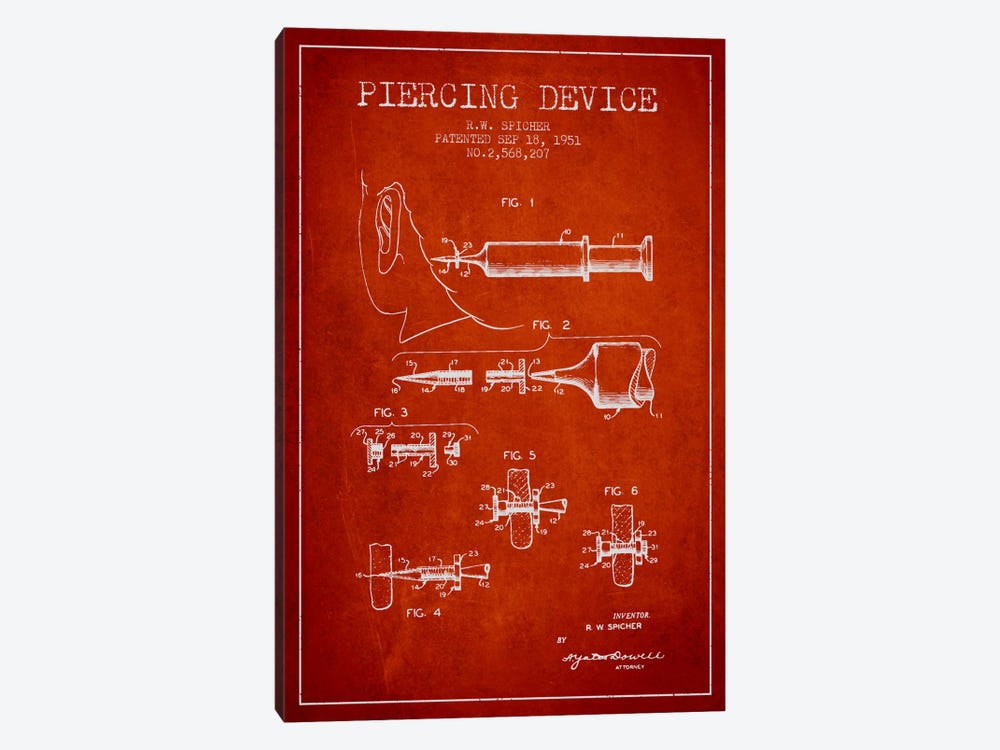 Piercing Device Red Patent Blueprint by Aged Pixel 1-piece Canvas Art