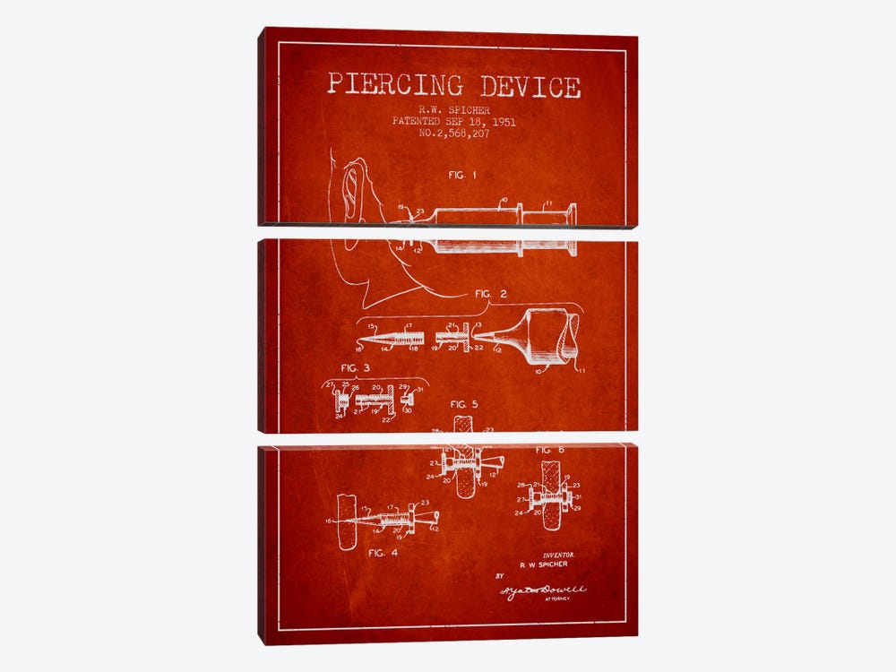 Piercing Device Red Patent Blueprint by Aged Pixel 3-piece Canvas Wall Art