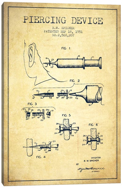Piercing Device Vintage Patent Blueprint Canvas Art Print - Medical & Dental Blueprints