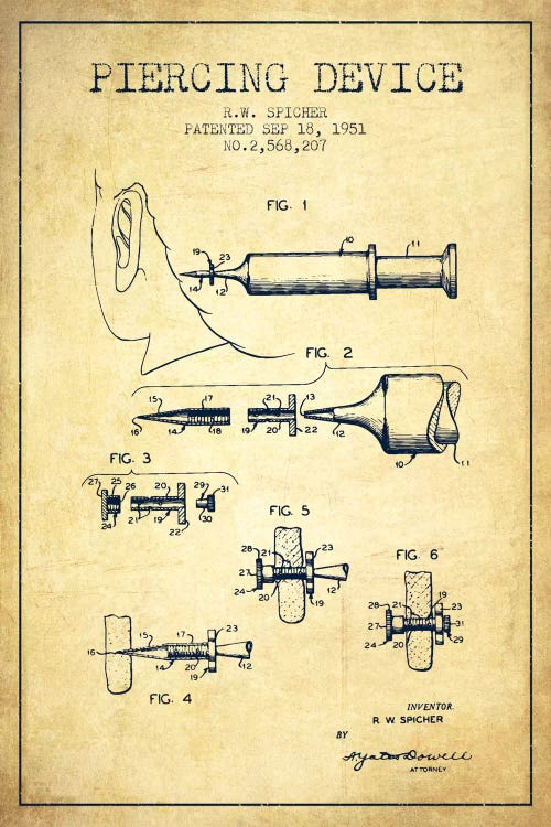 Piercing Device Vintage Patent Blueprint by Aged Pixel wall art