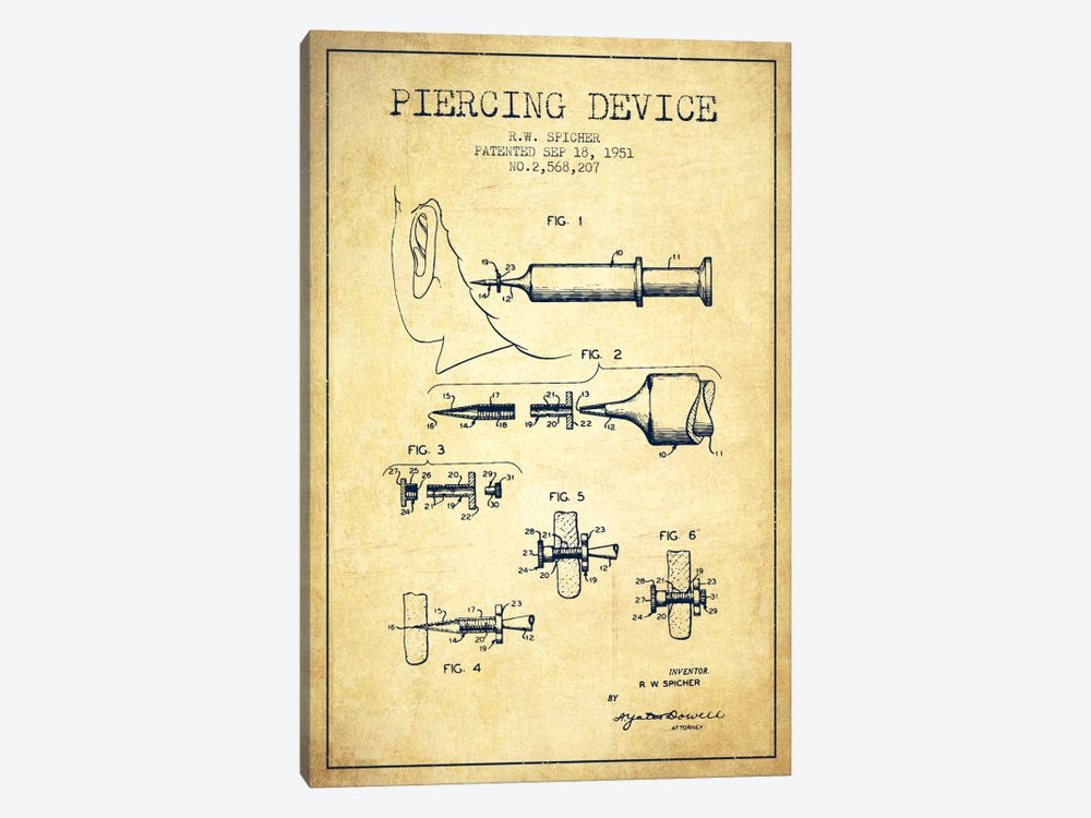 Piercing Device Vintage Patent Blueprint by Aged Pixel 1-piece Canvas Art Print