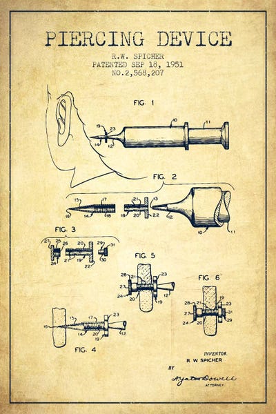 Beauty & Personal Care Blueprints: Piercing Device Vintage Patent Blueprint by Aged Pixel