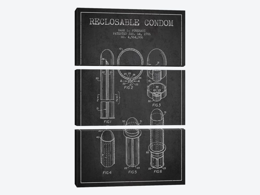 Reclosable Condom Charcoal Patent Blueprint by Aged Pixel 3-piece Canvas Wall Art