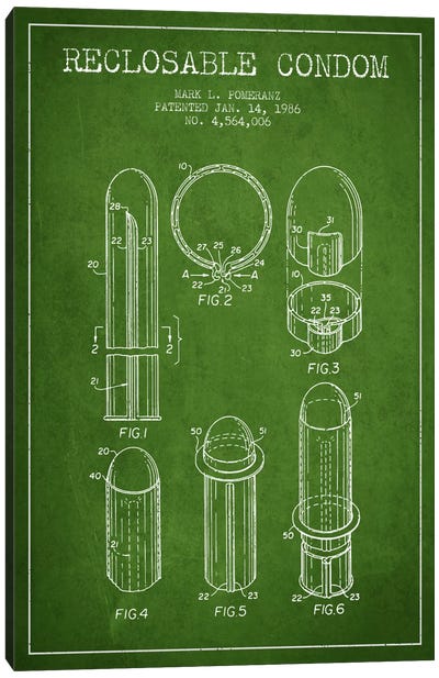 Reclosable Condom Green Patent Blueprint Canvas Art Print - Medical & Dental Blueprints