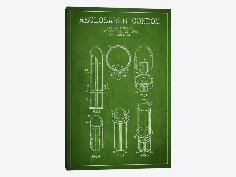 Reclosable Condom Green Patent Blueprint by Aged Pixel 1-piece Canvas Print