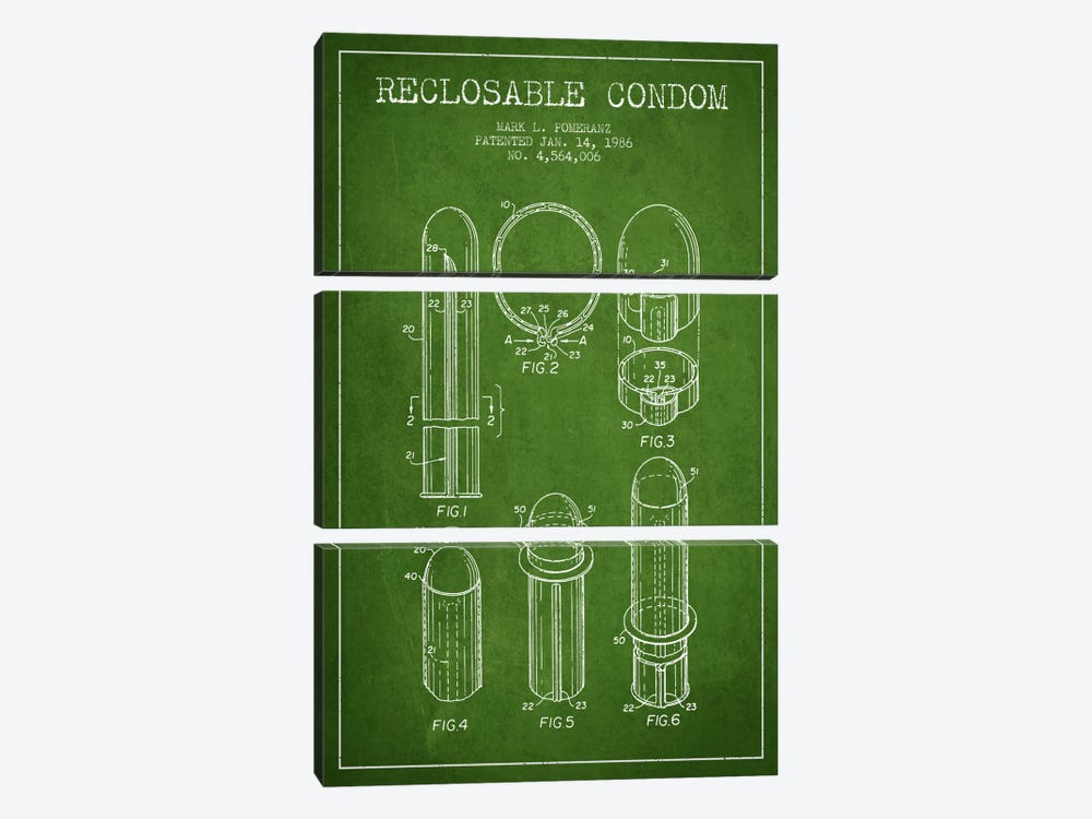 Reclosable Condom Green Patent Blueprint by Aged Pixel 3-piece Canvas Art Print