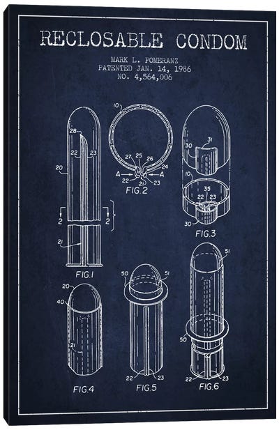 Reclosable Condom Navy Blue Patent Blueprint Canvas Art Print - Medical & Dental Blueprints